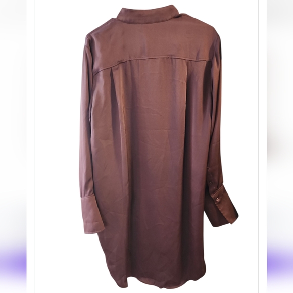 H&M Tunic Dress Chocolate Brown Band Collar Button Up Long Sleeve Large Cuffs - Picture 2 of 6